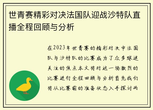世青赛精彩对决法国队迎战沙特队直播全程回顾与分析