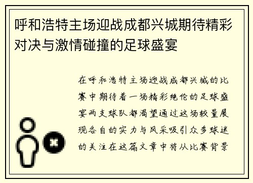 呼和浩特主场迎战成都兴城期待精彩对决与激情碰撞的足球盛宴