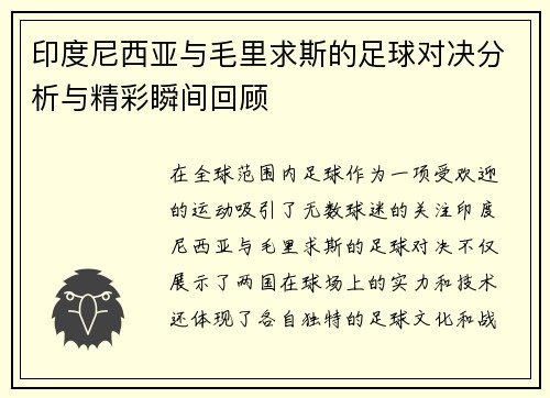 印度尼西亚与毛里求斯的足球对决分析与精彩瞬间回顾