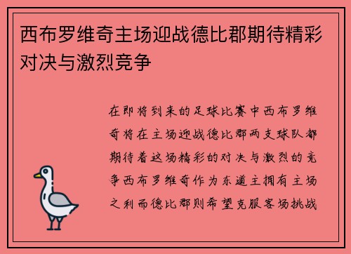 西布罗维奇主场迎战德比郡期待精彩对决与激烈竞争