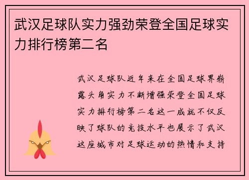 武汉足球队实力强劲荣登全国足球实力排行榜第二名